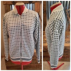 Vtg white mens S Cardigan black symbols zip front